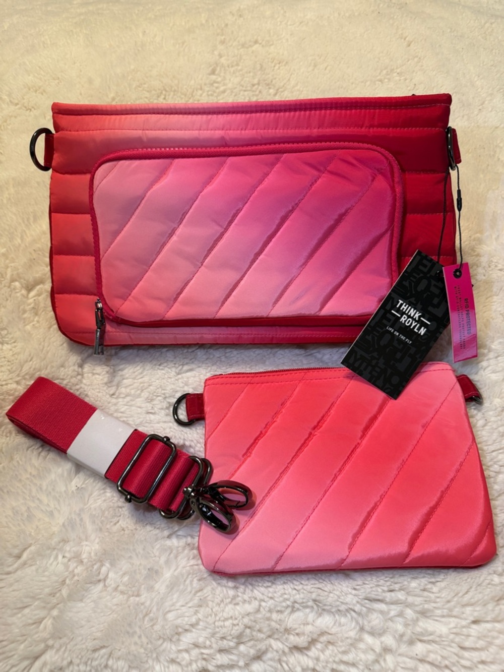 Think Royln Bank Street Crossbody Fuchsia Ombre with Matching Pouch NWT